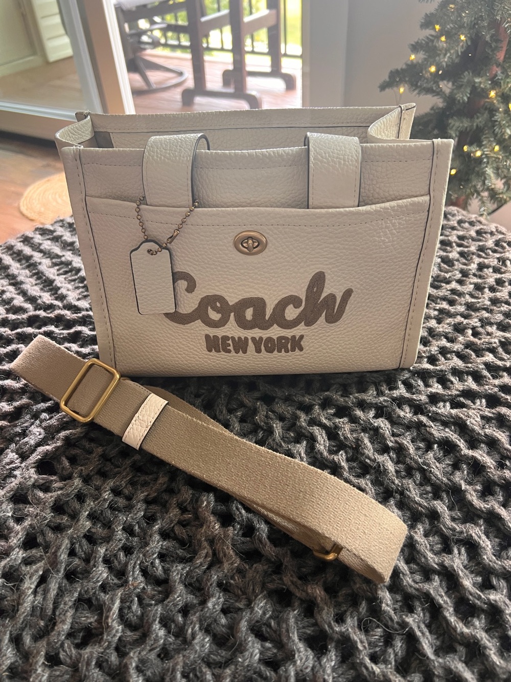 Coach Cream Pebbled Leather Logo Tote with Beige Strap